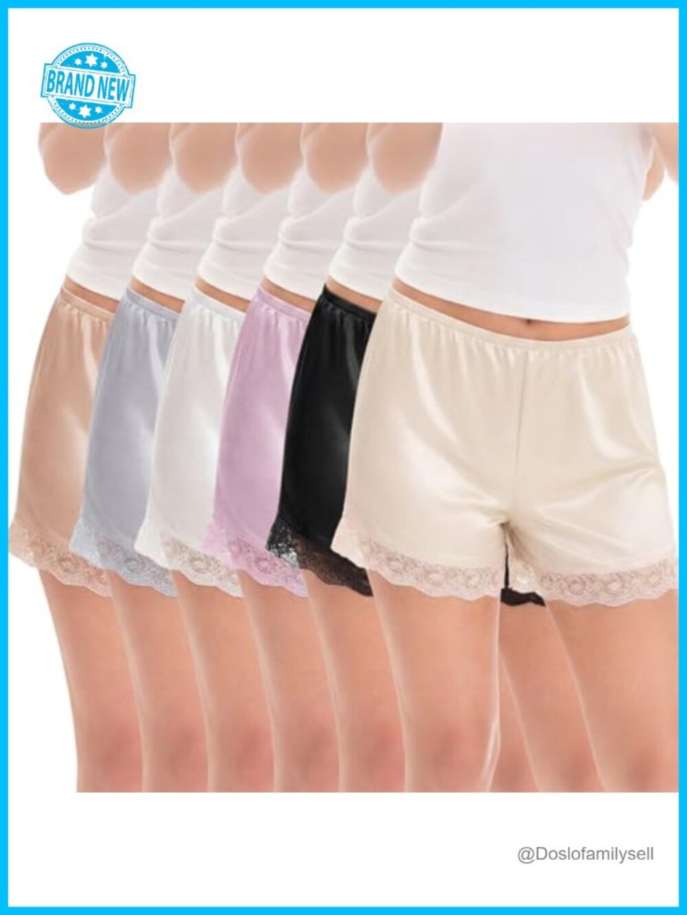 Women's Satin Half Slip Shorts 6 Pc Lace Trim Pettipants Anti Chafing